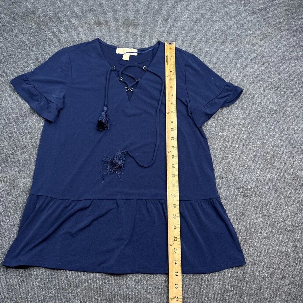 Michael Kors MK Blouse Top Womens Size Small Navy Blue Cinch Neck‎ Tasseled